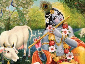 Krishna avec des oies de vache paon hindou Peinture à l'huile